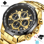 WWOOR Top Brand Luxury Sport Watch For Men Quartz Chronograph Date Luminous Black Full Steel Wrist Watch Male Clock Reloj Hombre