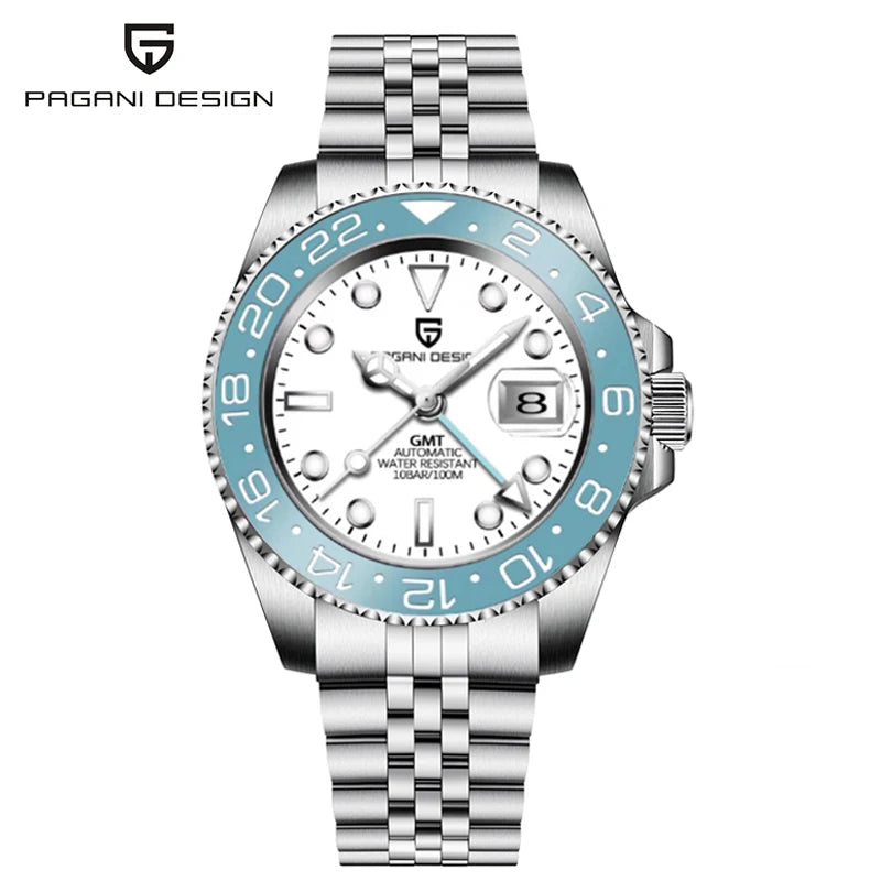 PAGANI DESIGN Pepsi GMT Automatic Watch Men 100M Waterproof Luminous Black Dial Stainless Steel Jubilee Strap Luxury Sport Mechanical WristWatches for Man PD-1662 Relojes Hombres+Gift BOX