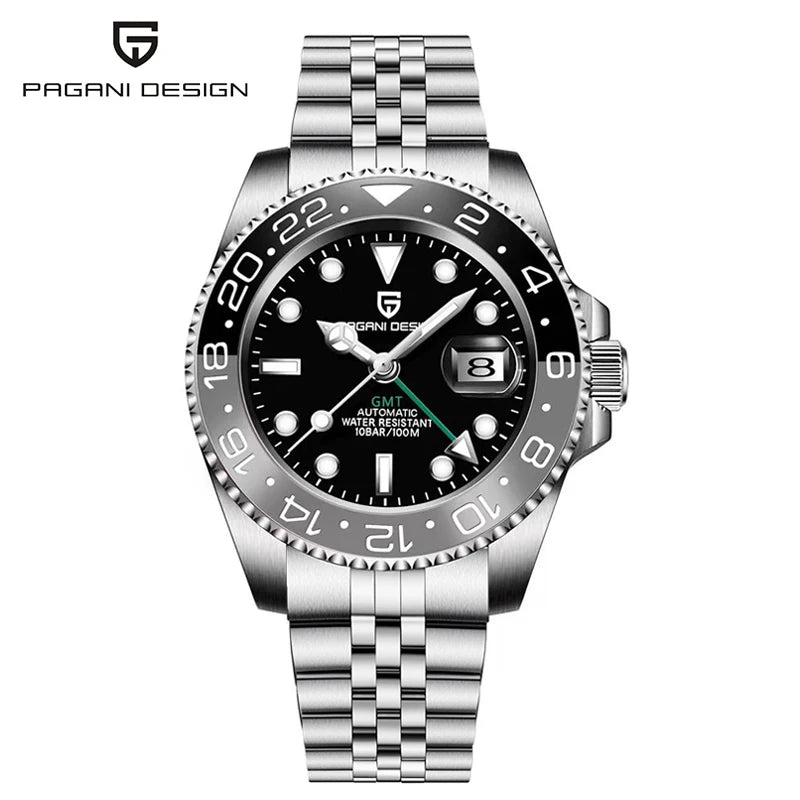 PAGANI DESIGN Pepsi GMT Automatic Watch Men 100M Waterproof Luminous Black Dial Stainless Steel Jubilee Strap Luxury Sport Mechanical WristWatches for Man PD-1662 Relojes Hombres+Gift BOX