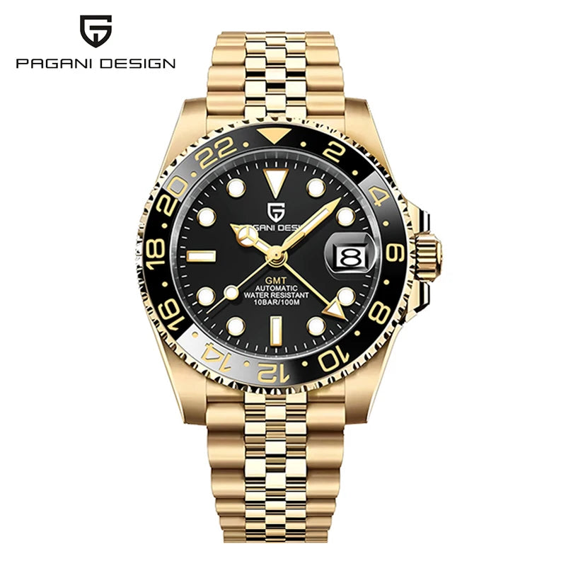 PAGANI DESIGN Pepsi GMT Automatic Watch Men 100M Waterproof Luminous Black Dial Stainless Steel Jubilee Strap Luxury Sport Mechanical WristWatches for Man PD-1662 Relojes Hombres+Gift BOX
