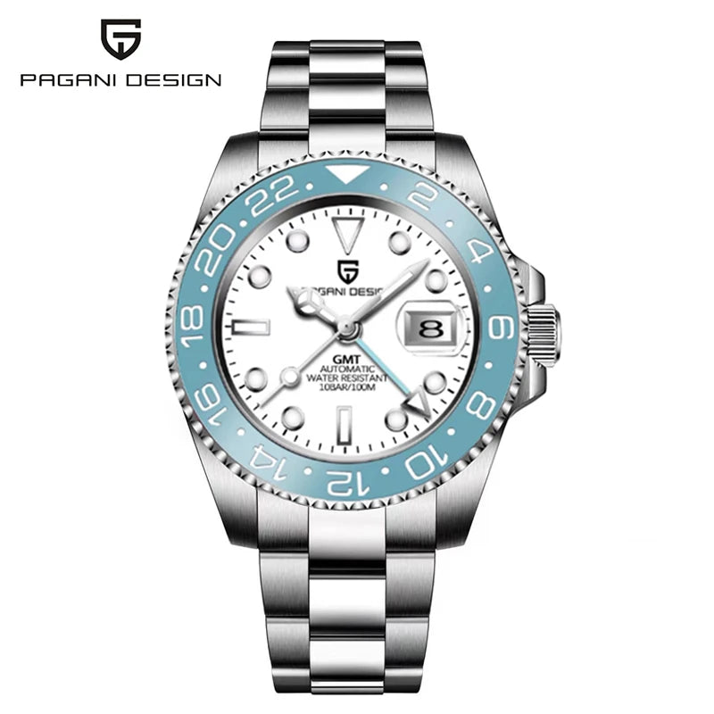 PAGANI DESIGN Pepsi GMT Automatic Watch Men 100M Waterproof Luminous Black Dial Stainless Steel Jubilee Strap Luxury Sport Mechanical WristWatches for Man PD-1662 Relojes Hombres+Gift BOX