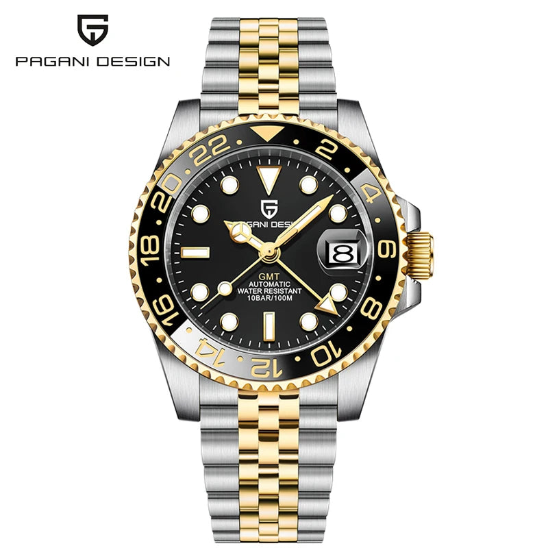 PAGANI DESIGN Pepsi GMT Automatic Watch Men 100M Waterproof Luminous Black Dial Stainless Steel Jubilee Strap Luxury Sport Mechanical WristWatches for Man PD-1662 Relojes Hombres+Gift BOX