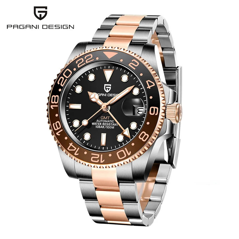 PAGANI DESIGN Pepsi GMT Automatic Watch Men 100M Waterproof Luminous Black Dial Stainless Steel Jubilee Strap Luxury Sport Mechanical WristWatches for Man PD-1662 Relojes Hombres+Gift BOX