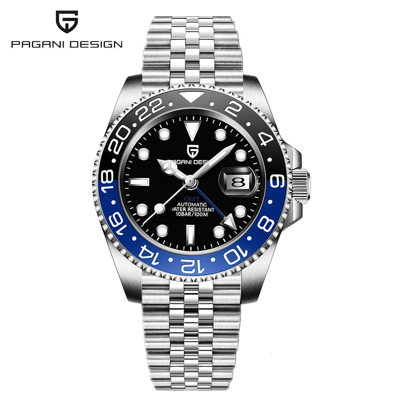 PAGANI DESIGN Pepsi GMT Automatic Watch Men 100M Waterproof Luminous Black Dial Stainless Steel Jubilee Strap Luxury Sport Mechanical WristWatches for Man PD-1662 Relojes Hombres+Gift BOX