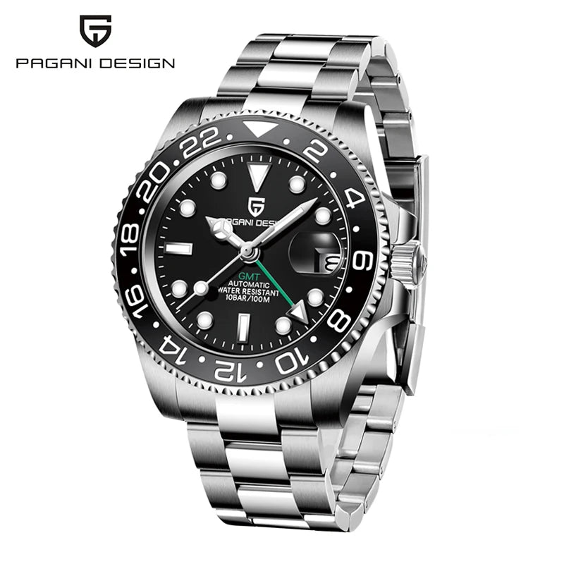 PAGANI DESIGN Pepsi GMT Automatic Watch Men 100M Waterproof Luminous Black Dial Stainless Steel Jubilee Strap Luxury Sport Mechanical WristWatches for Man PD-1662 Relojes Hombres+Gift BOX