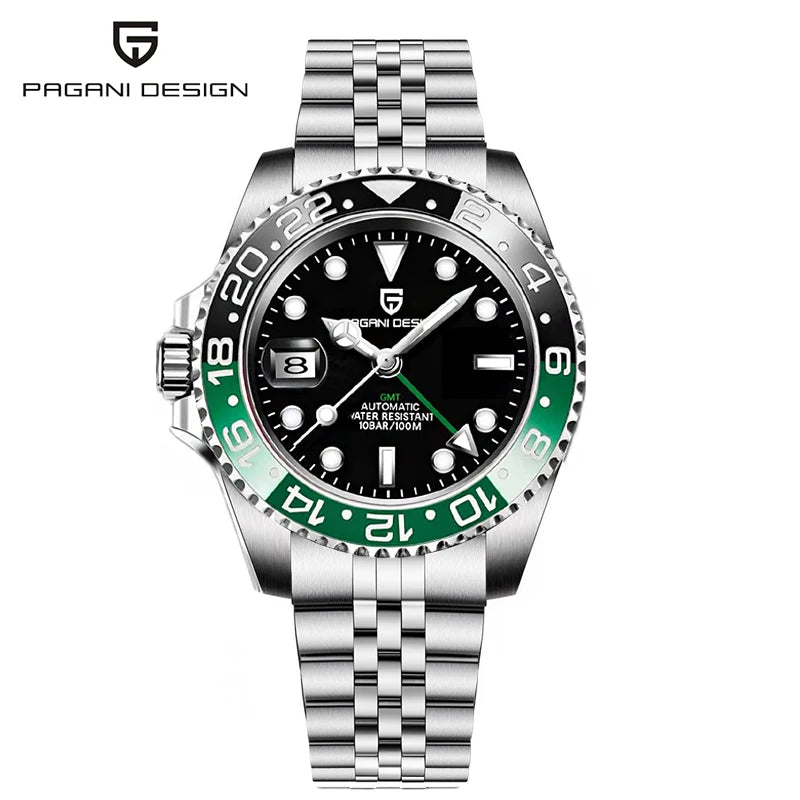 PAGANI DESIGN Pepsi GMT Automatic Watch Men 100M Waterproof Luminous Black Dial Stainless Steel Jubilee Strap Luxury Sport Mechanical WristWatches for Man PD-1662 Relojes Hombres+Gift BOX