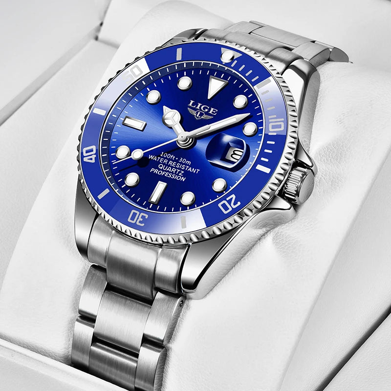 LIGE Diver Watch Men Fashion Business 3ATM Waterproof Luminous Quartz Wrist Watches For Men Outdoor Sports Date Chronograph Male