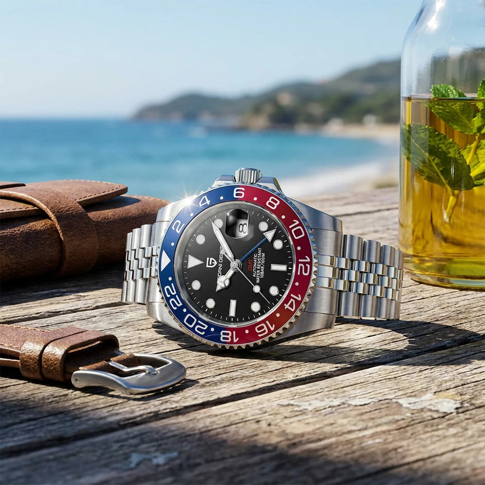 PAGANI DESIGN Pepsi GMT Automatic Watch Men 100M Waterproof Luminous Black Dial Stainless Steel Jubilee Strap Luxury Sport Mechanical WristWatches for Man PD-1662 Relojes Hombres+Gift BOX