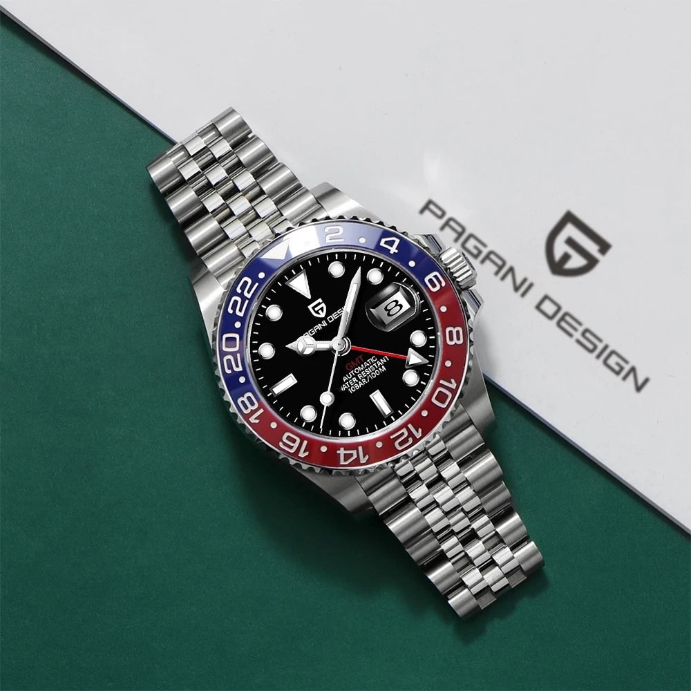 PAGANI DESIGN Pepsi GMT Automatic Watch Men 100M Waterproof Luminous Black Dial Stainless Steel Jubilee Strap Luxury Sport Mechanical WristWatches for Man PD-1662 Relojes Hombres+Gift BOX