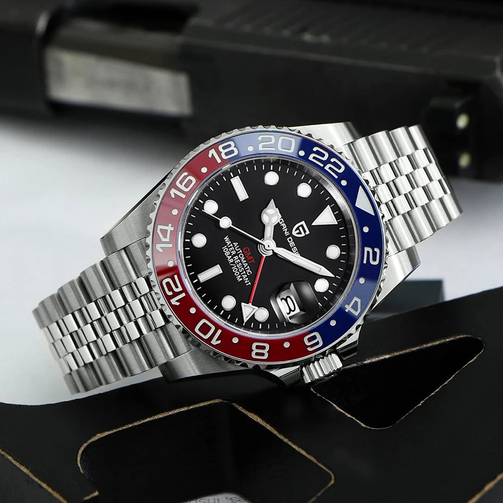 PAGANI DESIGN Pepsi GMT Automatic Watch Men 100M Waterproof Luminous Black Dial Stainless Steel Jubilee Strap Luxury Sport Mechanical WristWatches for Man PD-1662 Relojes Hombres+Gift BOX