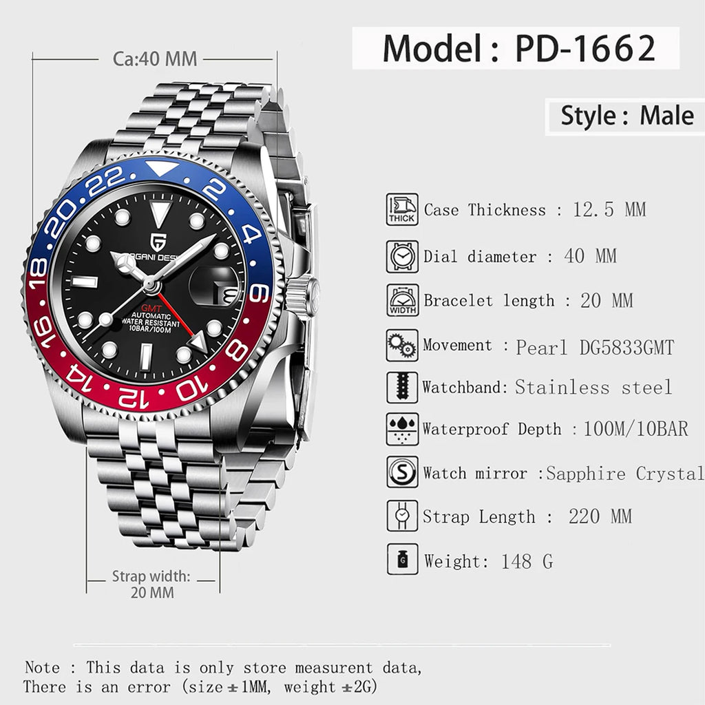 PAGANI DESIGN Pepsi GMT Automatic Watch Men 100M Waterproof Luminous Black Dial Stainless Steel Jubilee Strap Luxury Sport Mechanical WristWatches for Man PD-1662 Relojes Hombres+Gift BOX