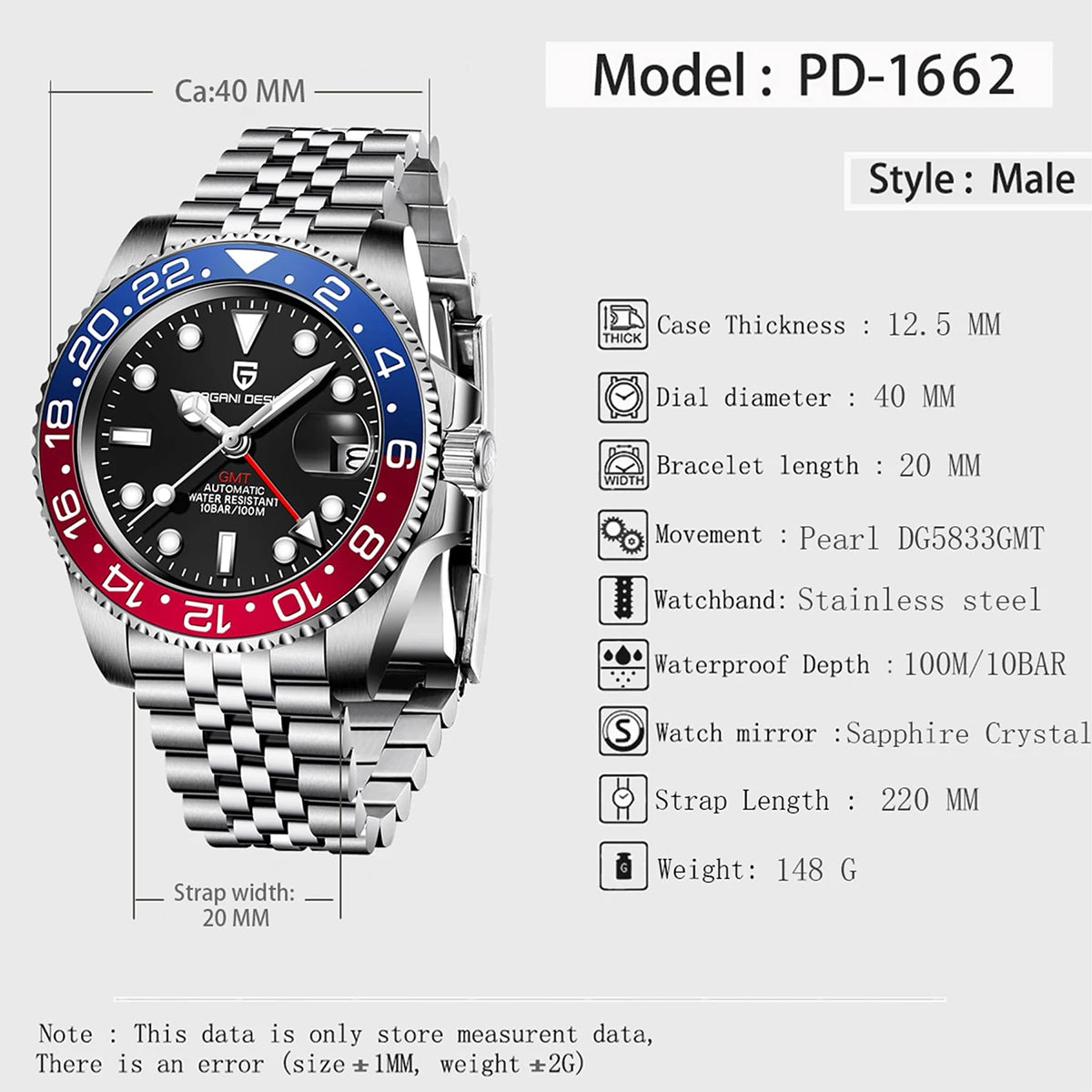 PAGANI DESIGN Pepsi GMT Automatic Watch Men 100M Waterproof Luminous Black Dial Stainless Steel Jubilee Strap Luxury Sport Mechanical WristWatches for Man PD-1662 Relojes Hombres+Gift BOX