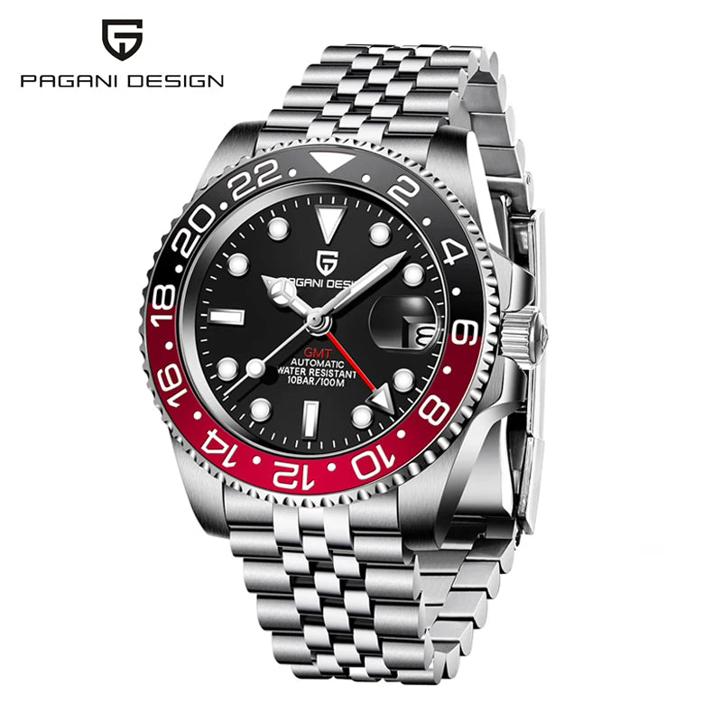 PAGANI DESIGN Pepsi GMT Automatic Watch Men 100M Waterproof Luminous Black Dial Stainless Steel Jubilee Strap Luxury Sport Mechanical WristWatches for Man PD-1662 Relojes Hombres+Gift BOX
