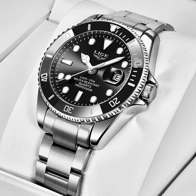 LIGE Diver Watch Men Fashion Business 3ATM Waterproof Luminous Quartz Wrist Watches For Men Outdoor Sports Date Chronograph Male