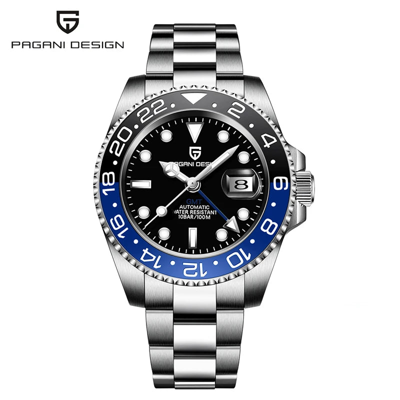 PAGANI DESIGN Pepsi GMT Automatic Watch Men 100M Waterproof Luminous Black Dial Stainless Steel Jubilee Strap Luxury Sport Mechanical WristWatches for Man PD-1662 Relojes Hombres+Gift BOX