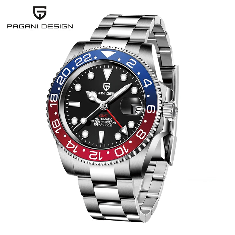 PAGANI DESIGN Pepsi GMT Automatic Watch Men 100M Waterproof Luminous Black Dial Stainless Steel Jubilee Strap Luxury Sport Mechanical WristWatches for Man PD-1662 Relojes Hombres+Gift BOX