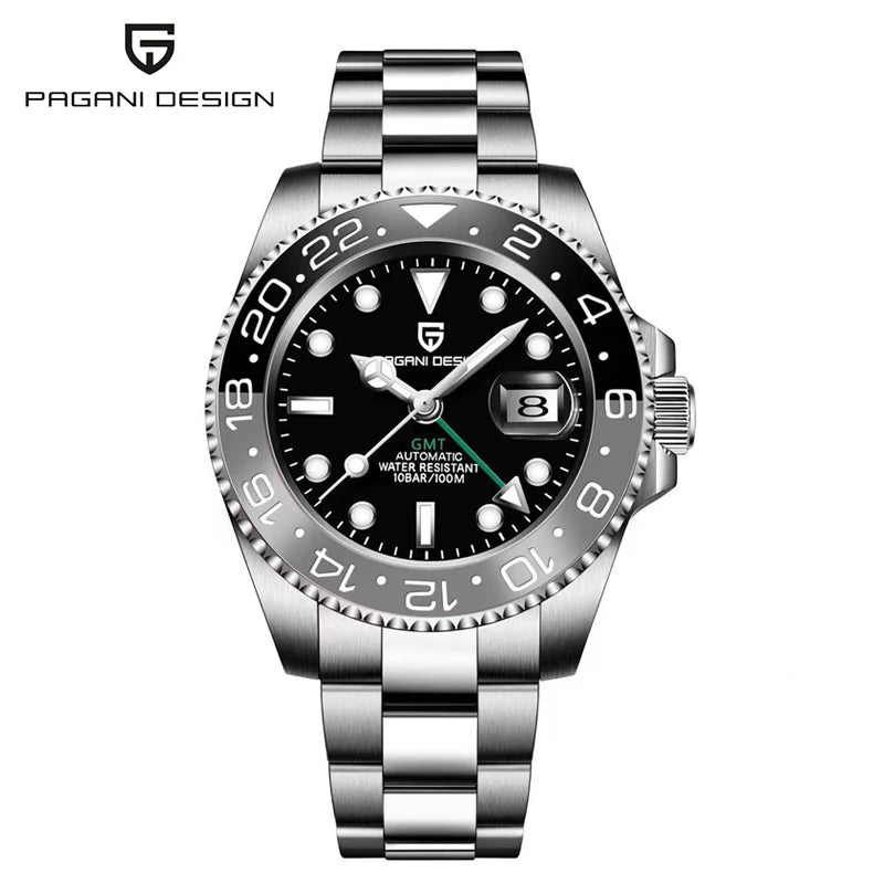 PAGANI DESIGN Pepsi GMT Automatic Watch Men 100M Waterproof Luminous Black Dial Stainless Steel Jubilee Strap Luxury Sport Mechanical WristWatches for Man PD-1662 Relojes Hombres+Gift BOX
