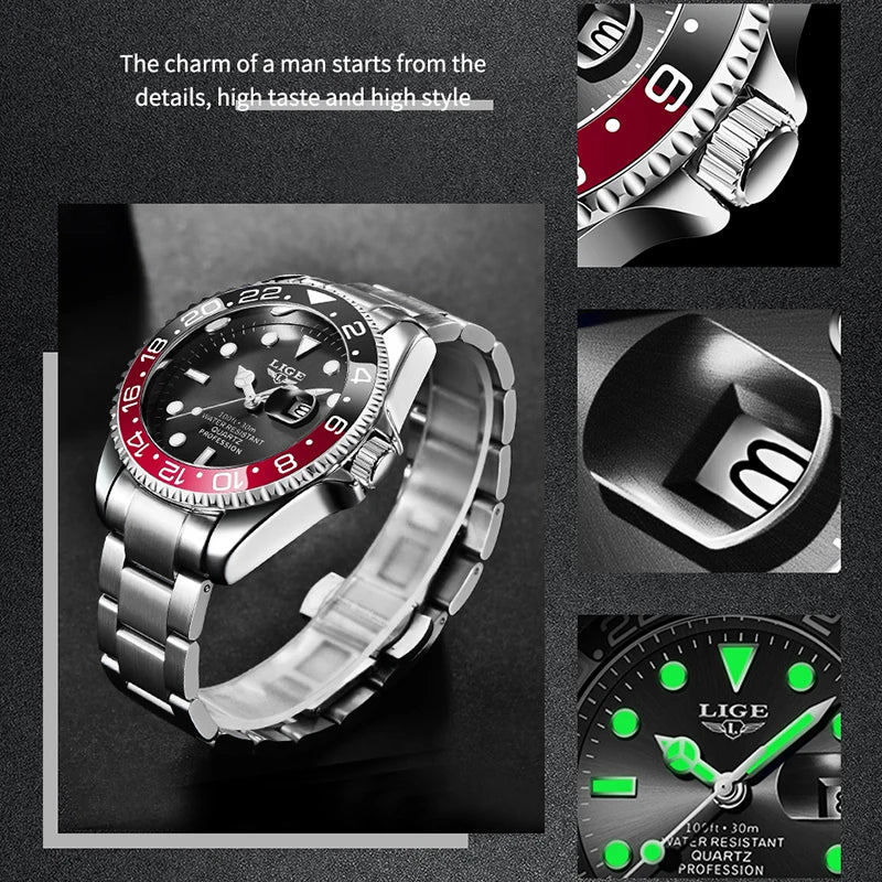 LIGE Diver Watch Men Fashion Business 3ATM Waterproof Luminous Quartz Wrist Watches For Men Outdoor Sports Date Chronograph Male
