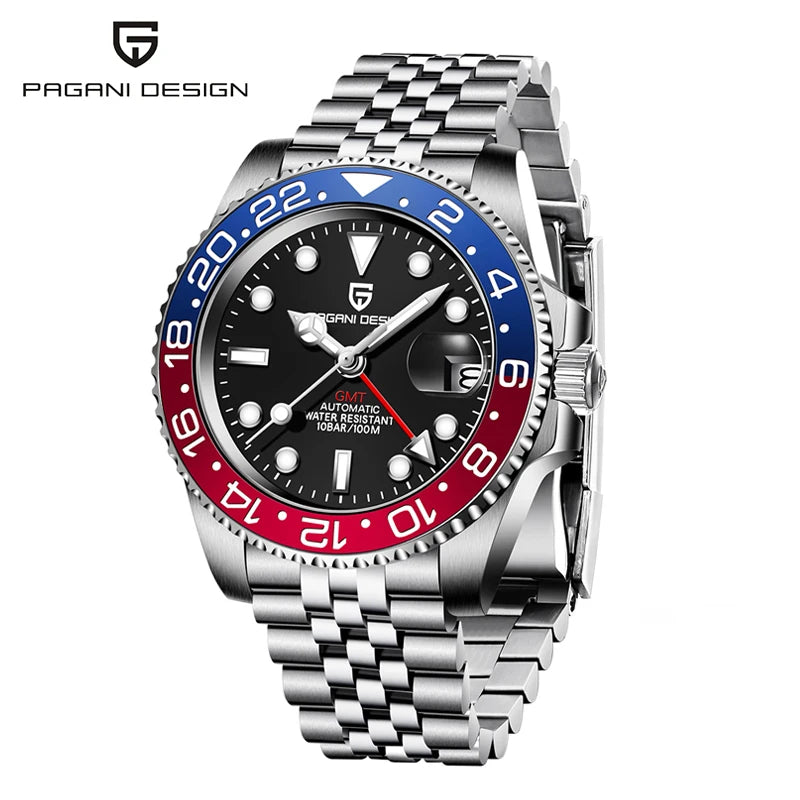 PAGANI DESIGN Pepsi GMT Automatic Watch Men 100M Waterproof Luminous Black Dial Stainless Steel Jubilee Strap Luxury Sport Mechanical WristWatches for Man PD-1662 Relojes Hombres+Gift BOX
