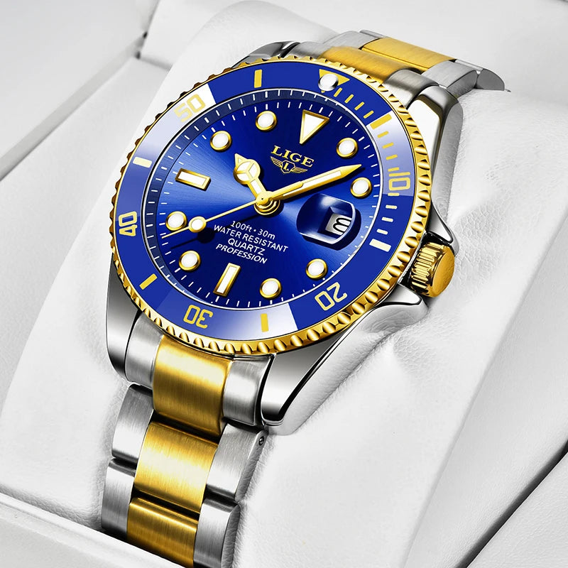 LIGE Diver Watch Men Fashion Business 3ATM Waterproof Luminous Quartz Wrist Watches For Men Outdoor Sports Date Chronograph Male