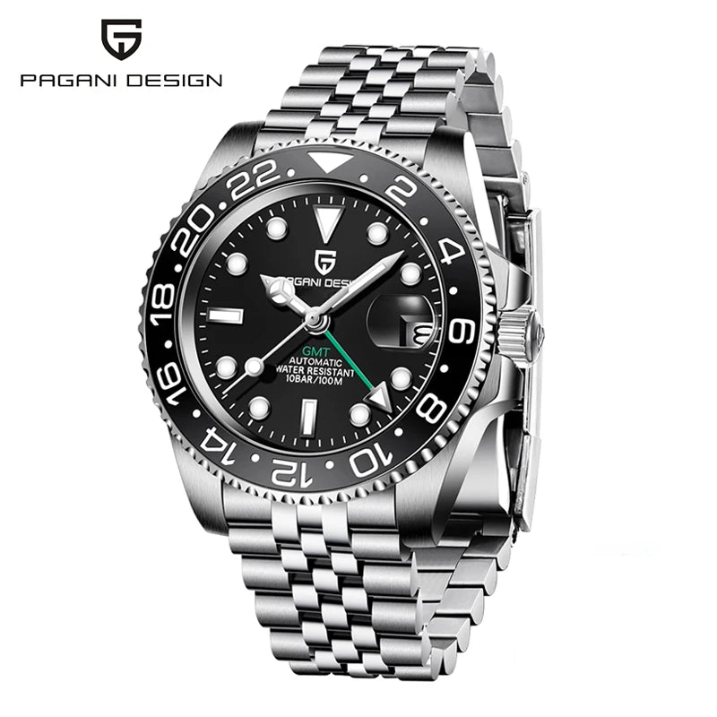 PAGANI DESIGN Pepsi GMT Automatic Watch Men 100M Waterproof Luminous Black Dial Stainless Steel Jubilee Strap Luxury Sport Mechanical WristWatches for Man PD-1662 Relojes Hombres+Gift BOX