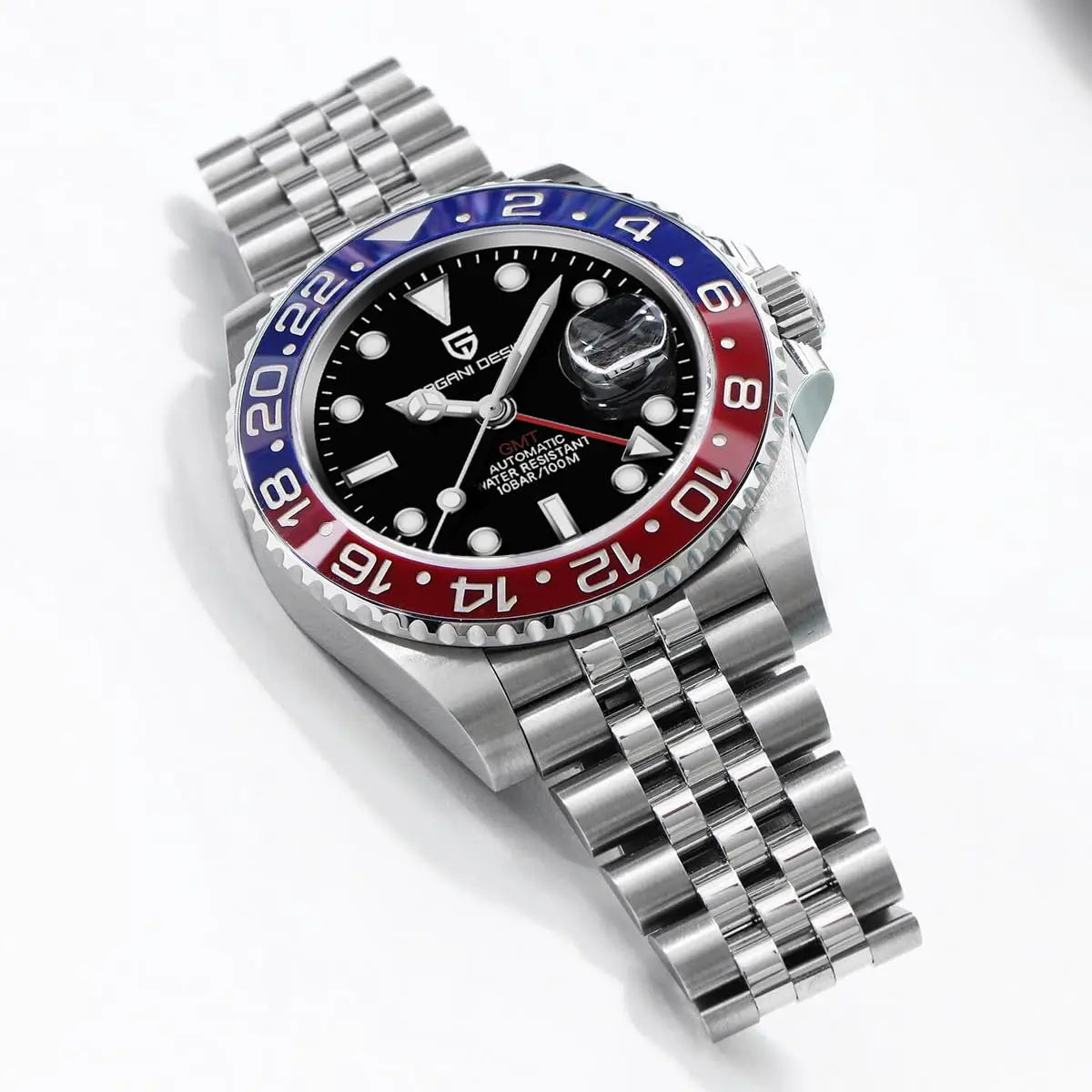 PAGANI DESIGN Pepsi GMT Automatic Watch Men 100M Waterproof Luminous Black Dial Stainless Steel Jubilee Strap Luxury Sport Mechanical WristWatches for Man PD-1662 Relojes Hombres+Gift BOX