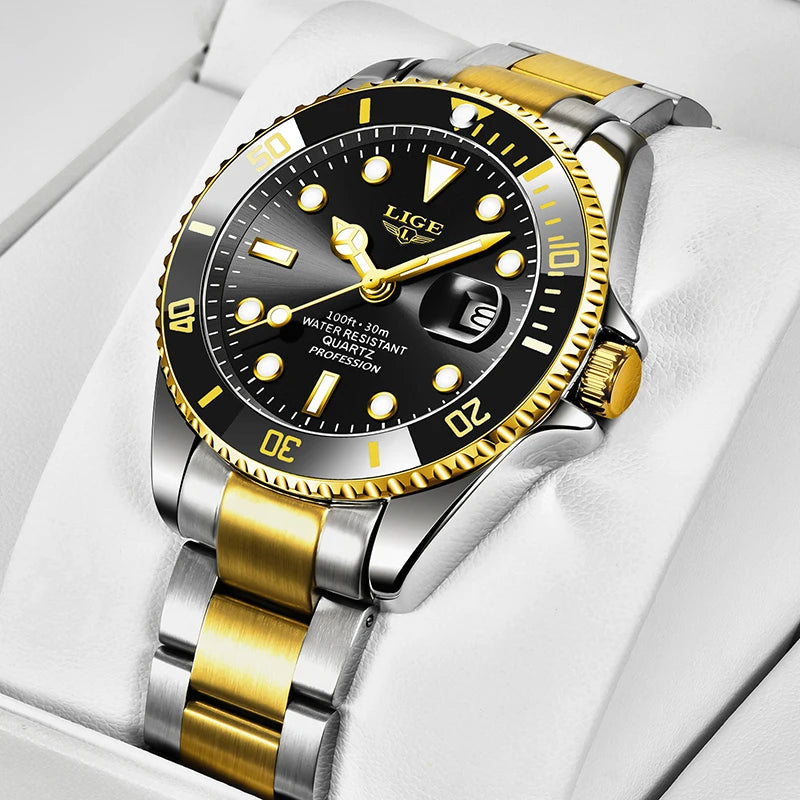 LIGE Diver Watch Men Fashion Business 3ATM Waterproof Luminous Quartz Wrist Watches For Men Outdoor Sports Date Chronograph Male